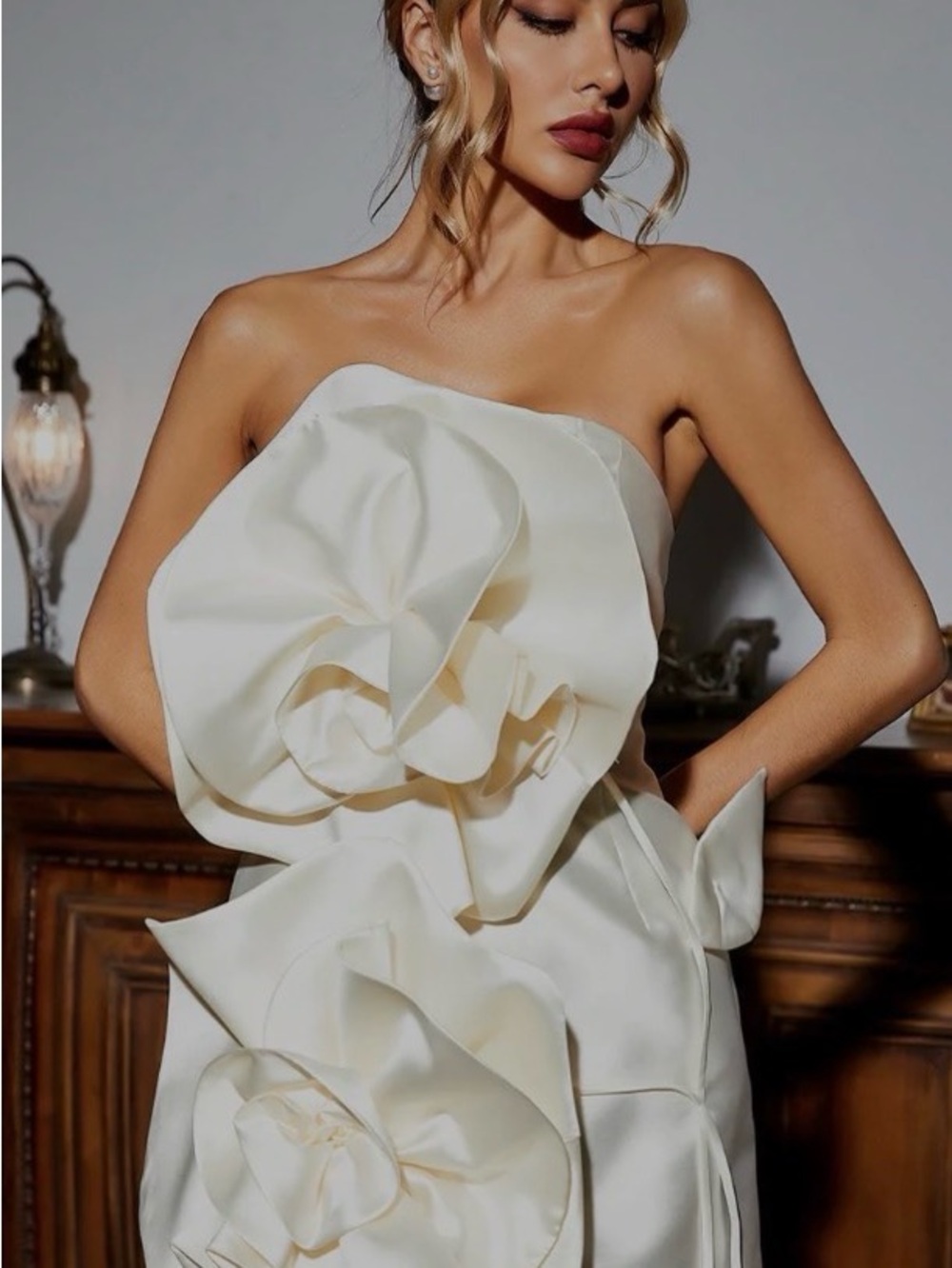 Strapless Cream Floral-Detail Satin Gown